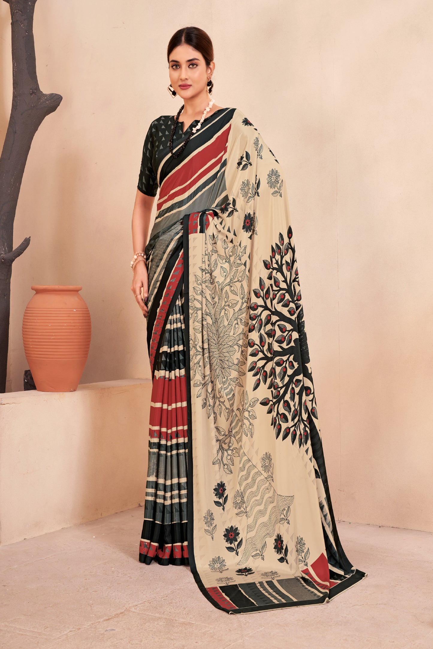 Jivora Women Crepe Soft Silk Striped And Floral Printed Saree with Unstitched Blouse.