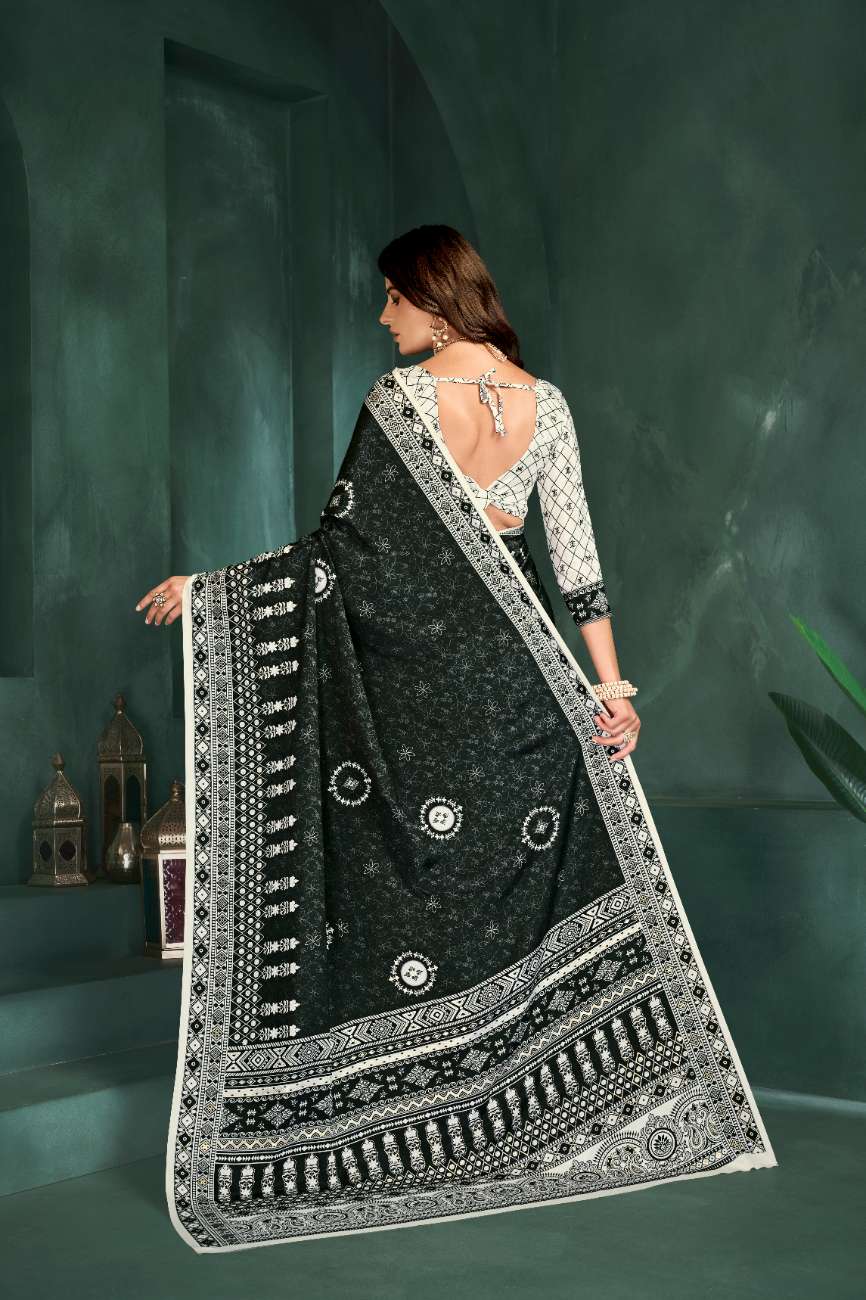 PURE BLISS – Elegant Crepe Silk Saree with Black & White Foil Position Print | Contemporary Luxury