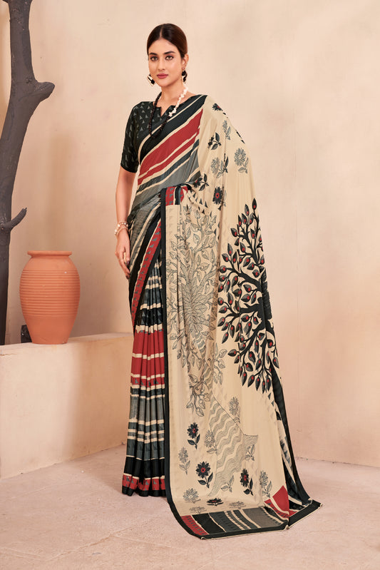 Jivora Women Crepe Soft Silk Striped And Floral Printed Saree with Unstitched Blouse.