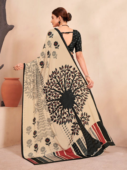 Jivora Women Crepe Soft Silk Striped And Floral Printed Saree with Unstitched Blouse.