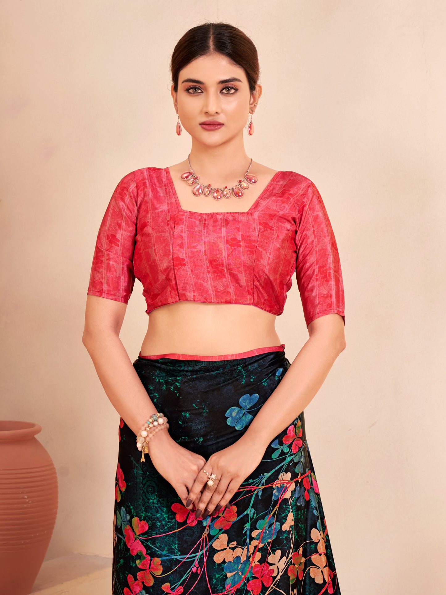 Jivora Women Crepe Soft Silk Striped And Floral Printed Saree with Unstitched Blouse.