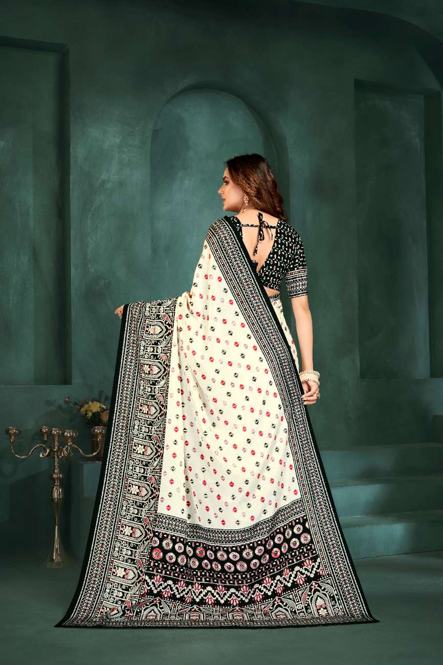 PURE BLISS – Elegant Crepe Silk Saree with Black & White Foil Position Print | Contemporary Luxury