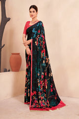 Jivora Women Crepe Soft Silk Striped And Floral Printed Saree with Unstitched Blouse.