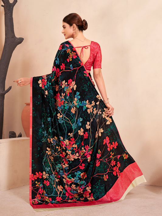 Jivora Women Crepe Soft Silk Striped And Floral Printed Saree with Unstitched Blouse.