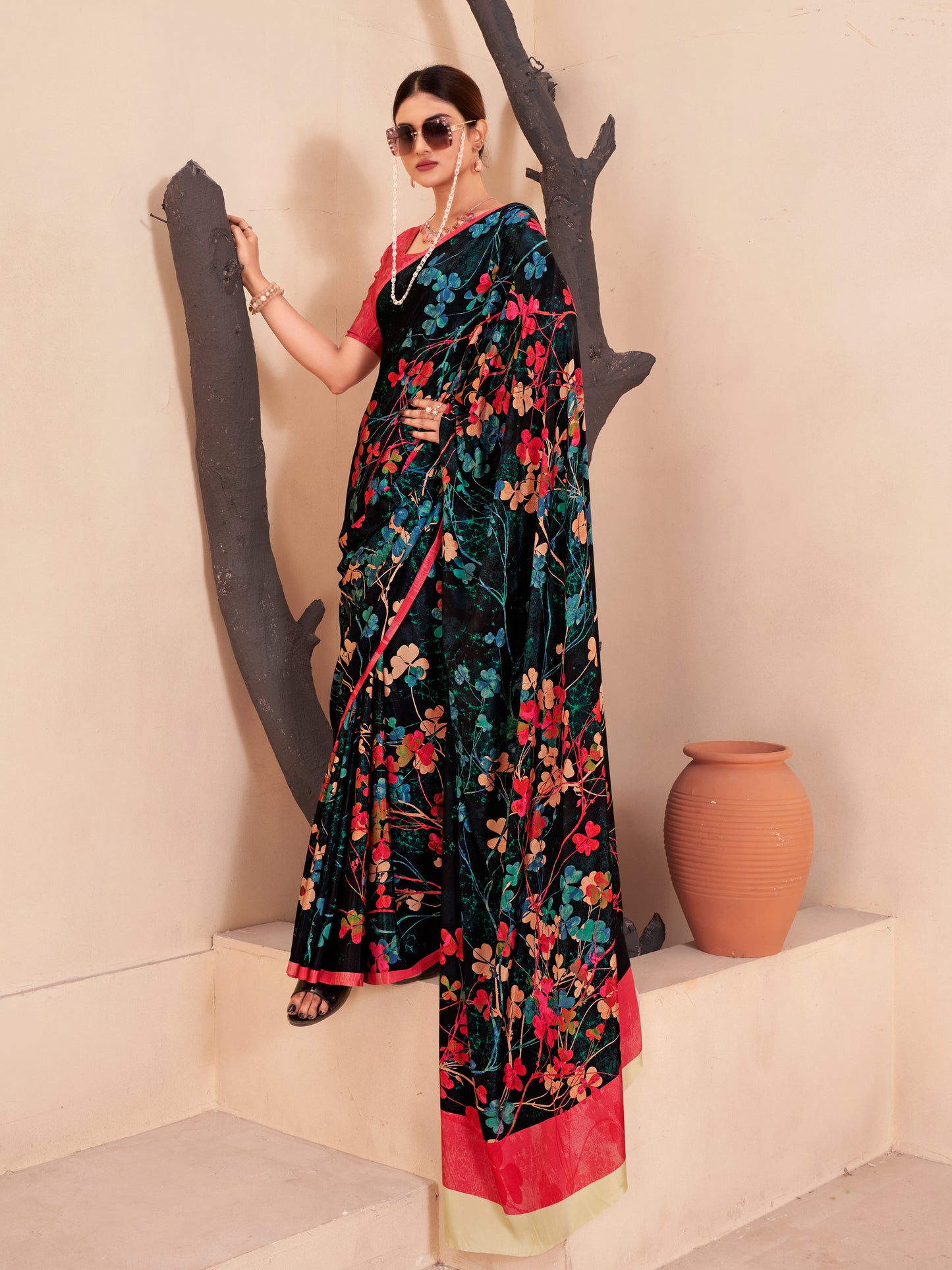 Jivora Women Crepe Soft Silk Striped And Floral Printed Saree with Unstitched Blouse.