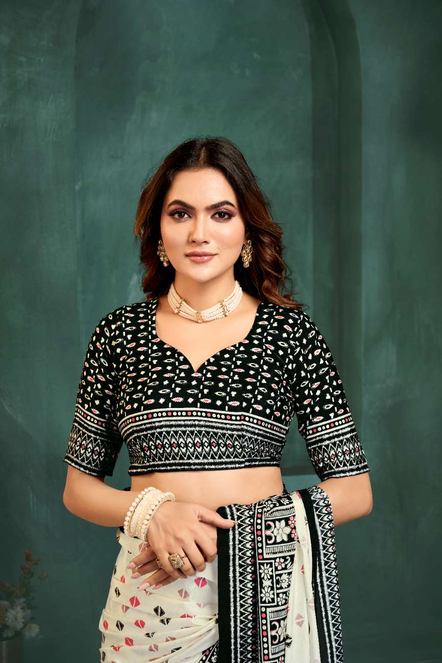 PURE BLISS – Elegant Crepe Silk Saree with Black & White Foil Position Print | Contemporary Luxury