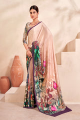 Jivora Women Crepe Soft Silk Striped And Floral Printed Saree with Unstitched Blouse.