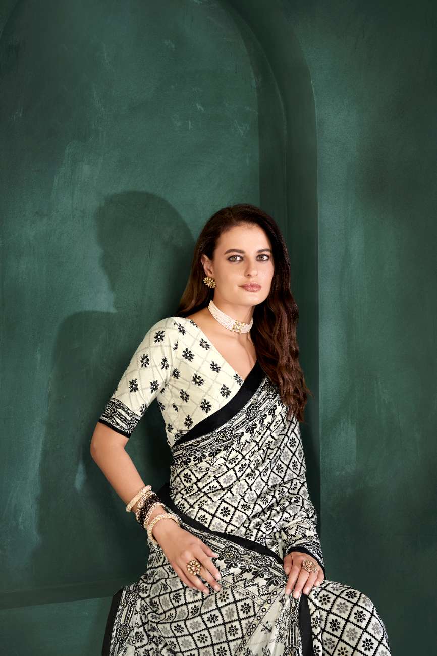 PURE BLISS – Elegant Crepe Silk Saree with Black & White Foil Position Print | Contemporary Luxury