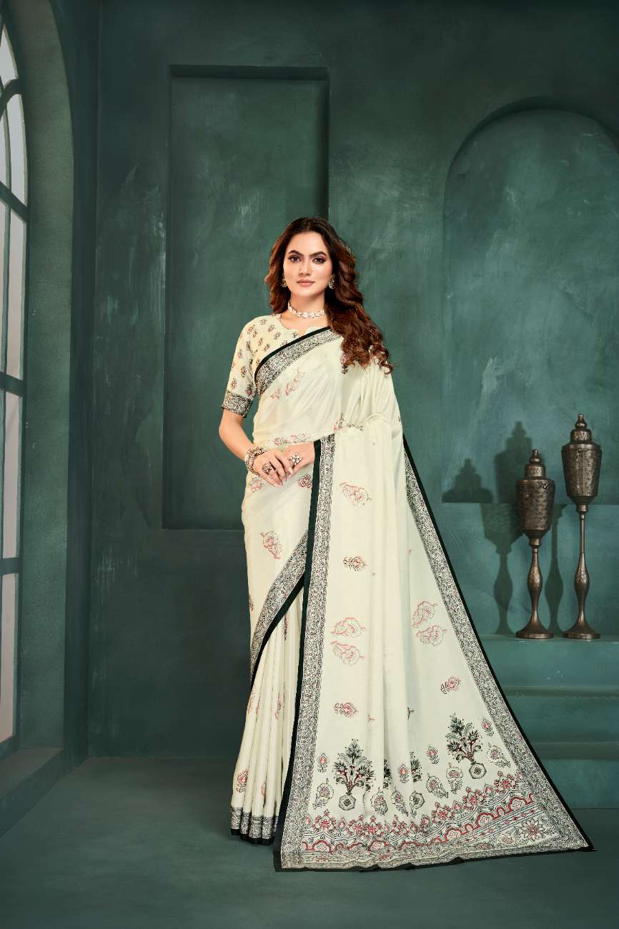 PURE BLISS – Elegant Crepe Silk Saree with Black & White Foil Position Print | Contemporary Luxury
