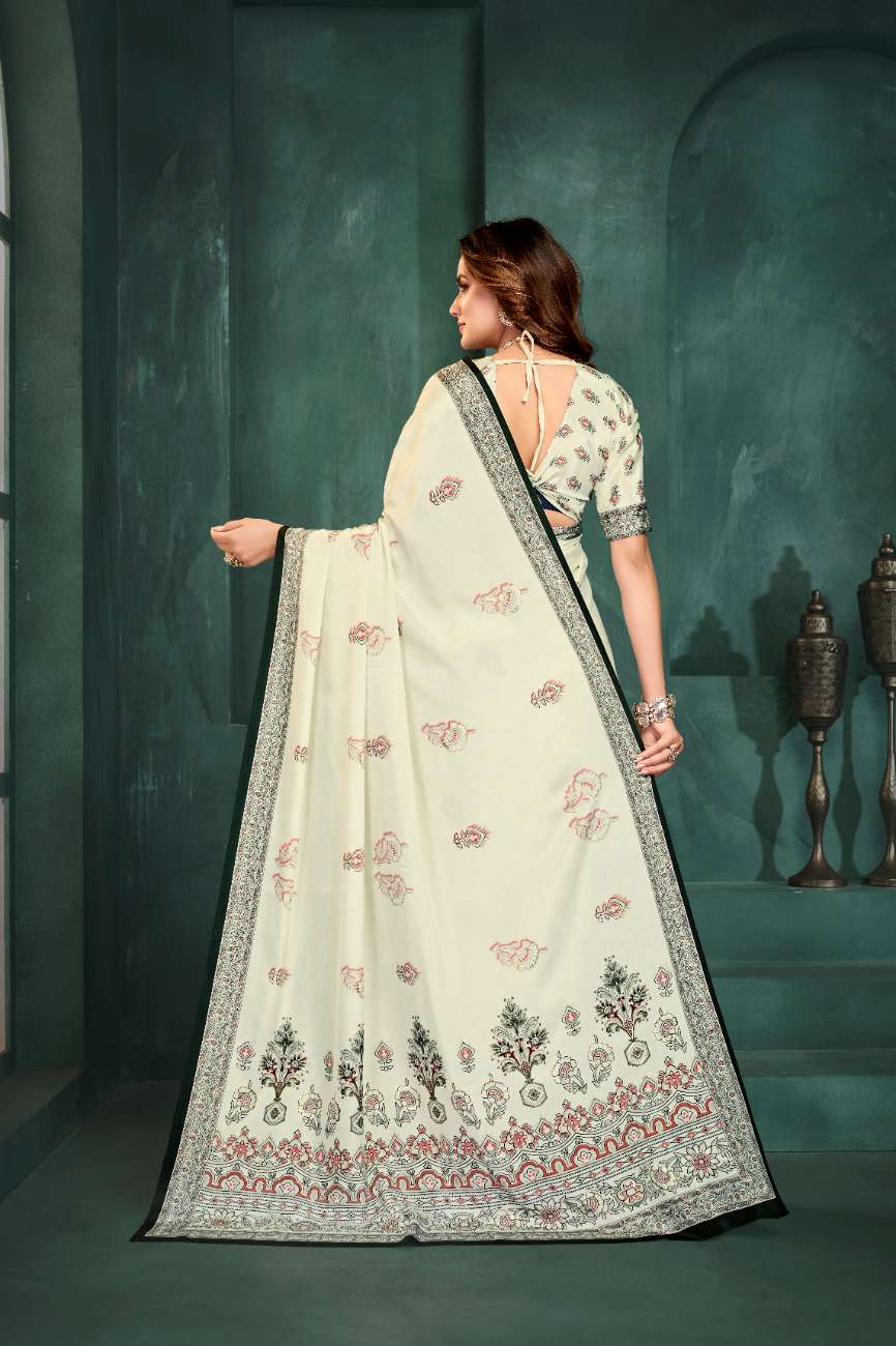 PURE BLISS – Elegant Crepe Silk Saree with Black & White Foil Position Print | Contemporary Luxury