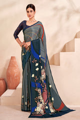 Jivora Women Crepe Soft Silk Striped And Floral Printed Saree with Unstitched Blouse.