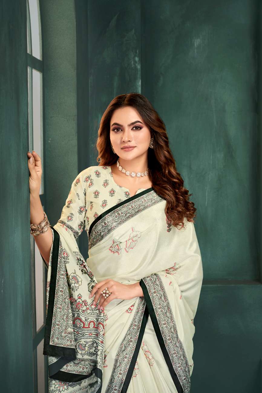 PURE BLISS – Elegant Crepe Silk Saree with Black & White Foil Position Print | Contemporary Luxury