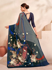 Jivora Women Crepe Soft Silk Striped And Floral Printed Saree with Unstitched Blouse.