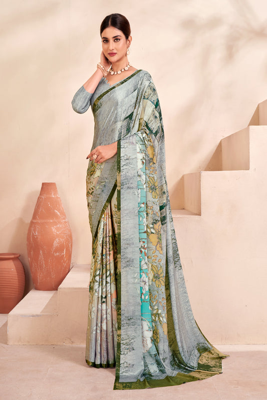 Jivora Women Crepe Soft Silk Striped And Floral Printed Saree with Unstitched Blouse.