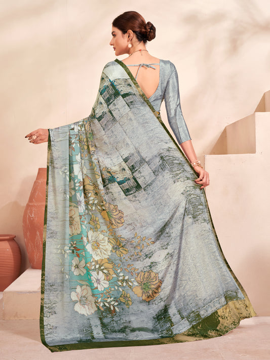 Jivora Women Crepe Soft Silk Striped And Floral Printed Saree with Unstitched Blouse.