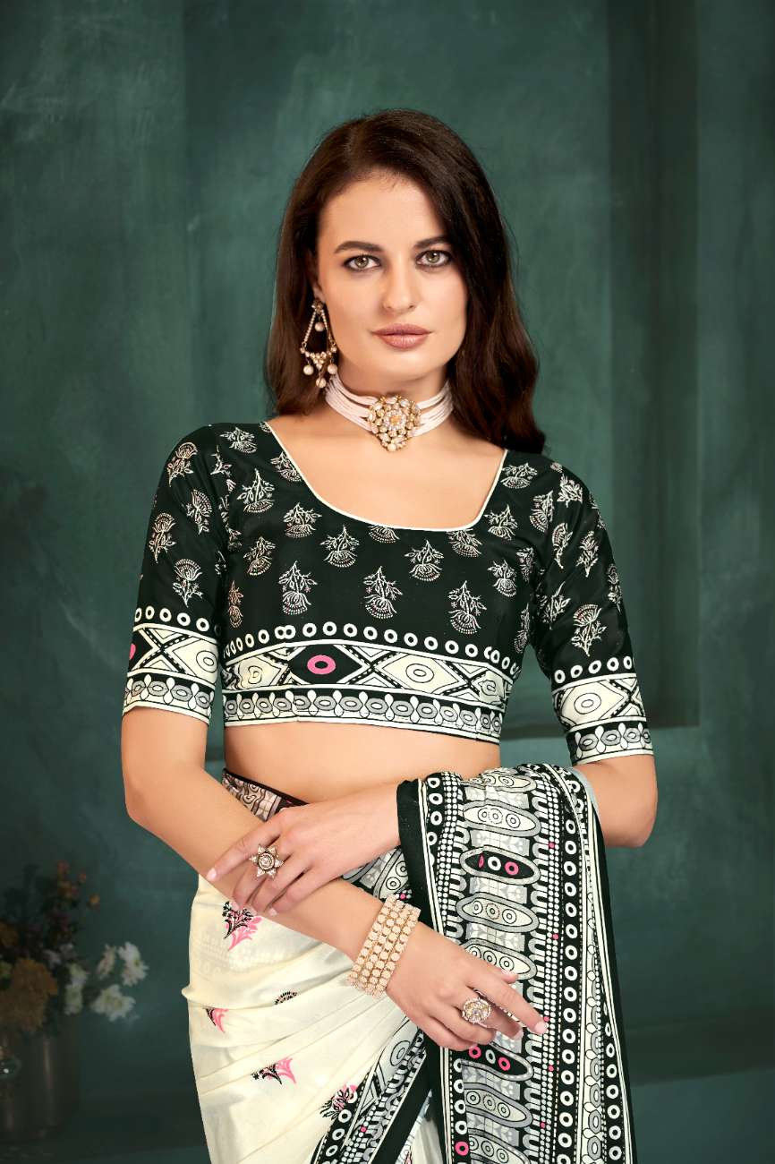 PURE BLISS – Elegant Crepe Silk Saree with Black & White Foil Position Print | Contemporary Luxury