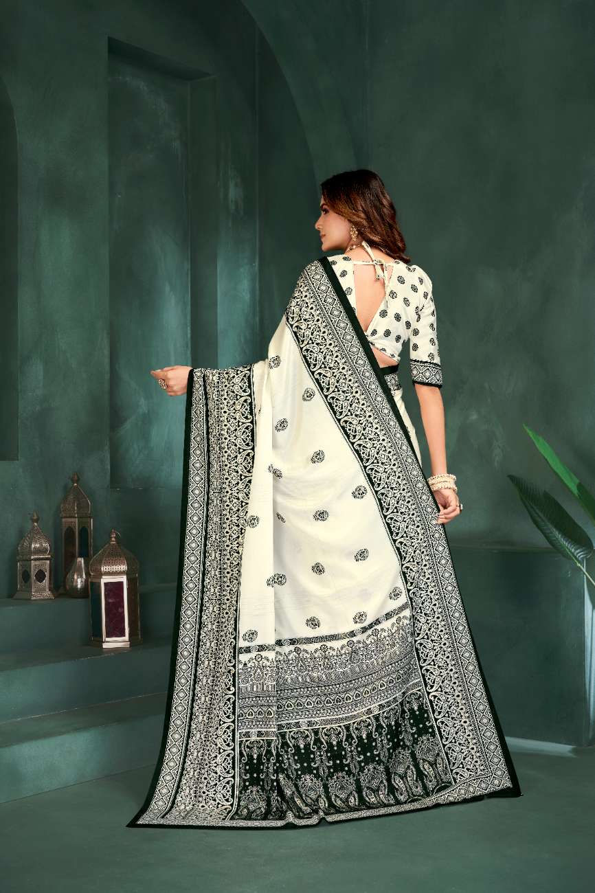 PURE BLISS – Elegant Crepe Silk Saree with Black & White Foil Position Print | Contemporary Luxury