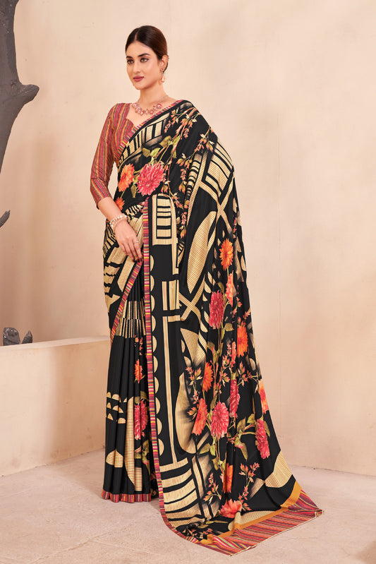 Jivora Women Crepe Soft Silk Striped And Floral Printed Saree with Unstitched Blouse.