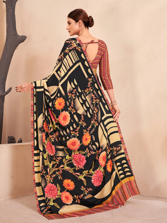 Jivora Women Crepe Soft Silk Striped And Floral Printed Saree with Unstitched Blouse.