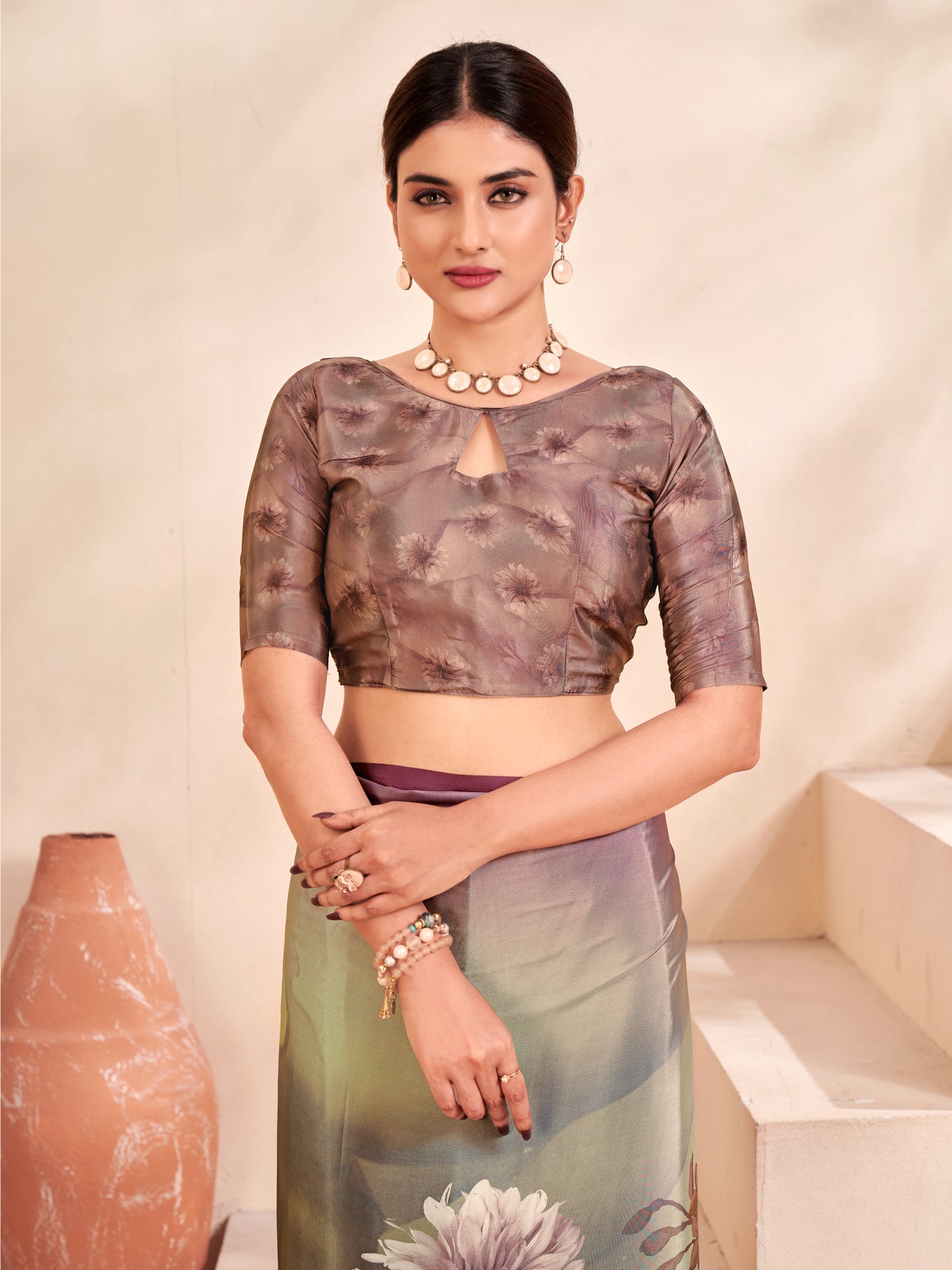 Jivora Women Crepe Soft Silk Striped And Floral Printed Saree with Unstitched Blouse.