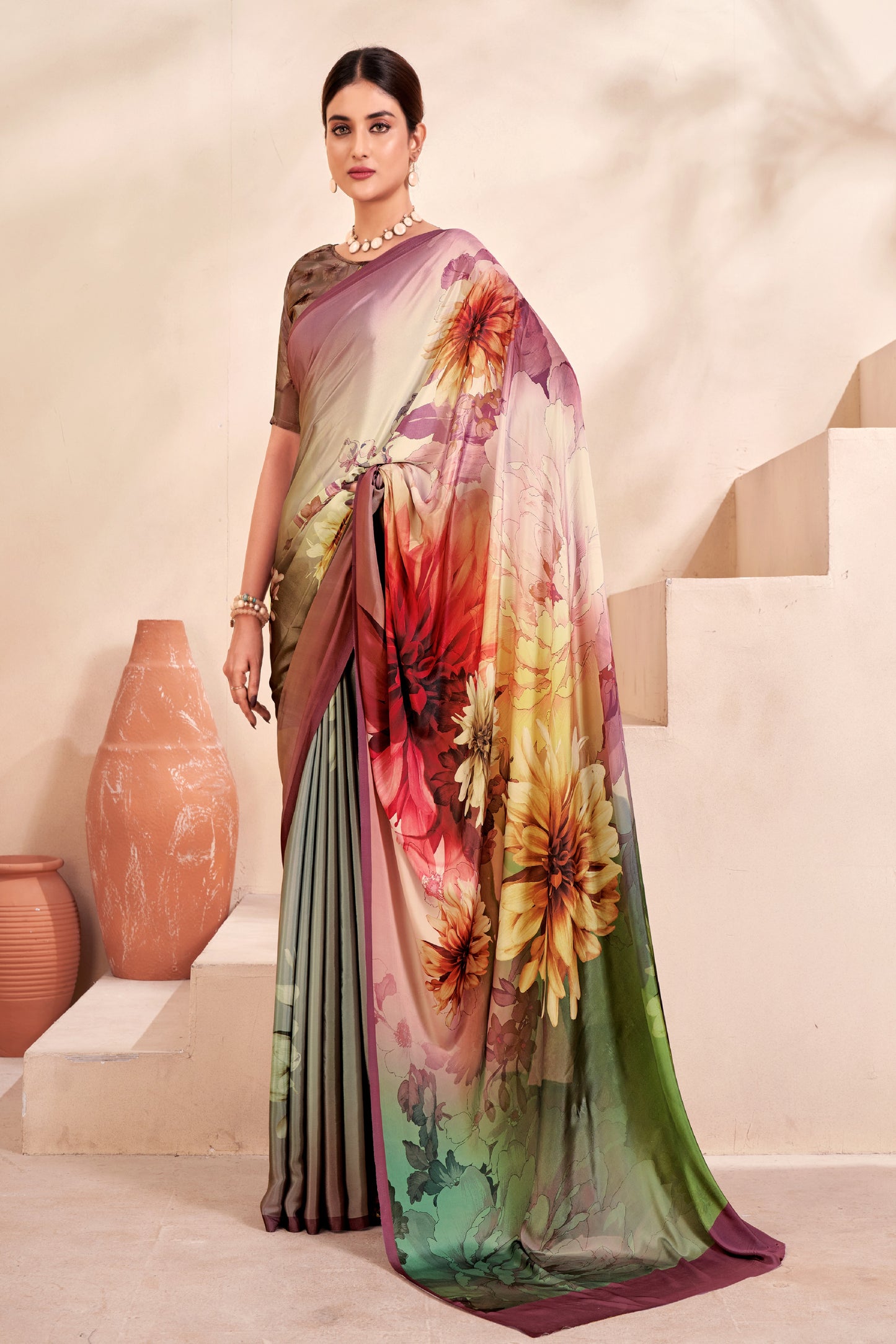 Jivora Women Crepe Soft Silk Striped And Floral Printed Saree with Unstitched Blouse.