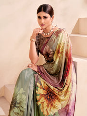 Jivora Women Crepe Soft Silk Striped And Floral Printed Saree with Unstitched Blouse.