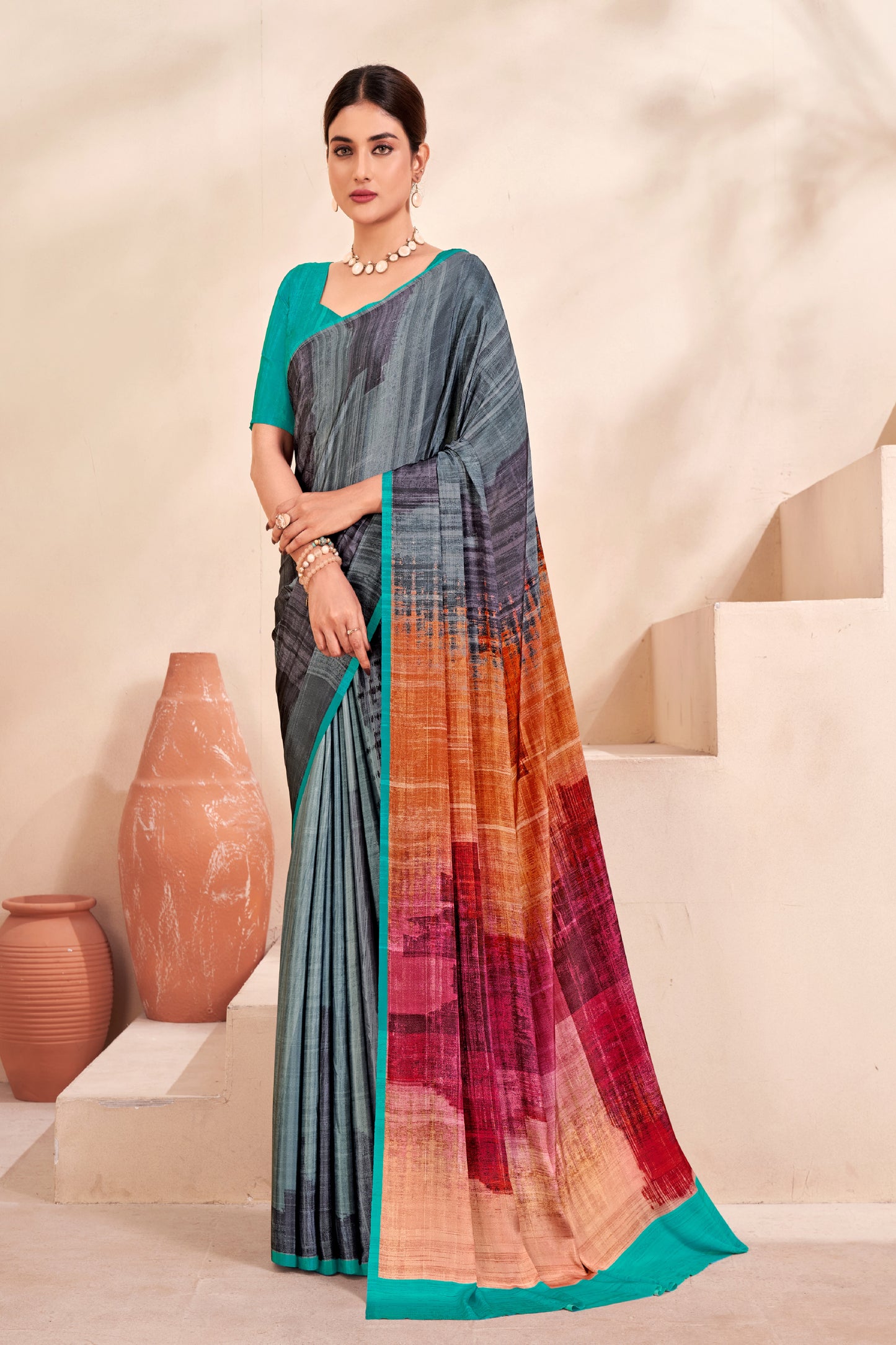 Jivora Women Crepe Soft Silk Striped And Floral Printed Saree with Unstitched Blouse.
