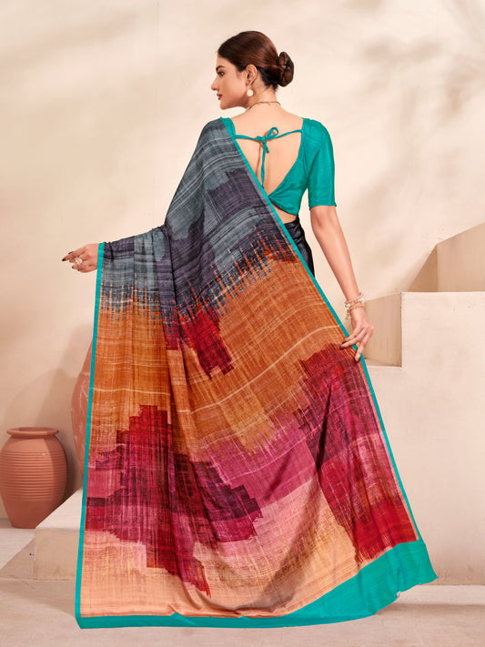 Jivora Women Crepe Soft Silk Striped And Floral Printed Saree with Unstitched Blouse.