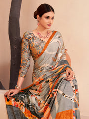 Jivora Women Crepe Soft Silk Striped And Floral Printed Saree with Unstitched Blouse.