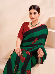 Jivora Women Crepe Soft Silk Striped And Floral Printed Saree with Unstitched Blouse.