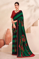 Jivora Women Crepe Soft Silk Striped And Floral Printed Saree with Unstitched Blouse.