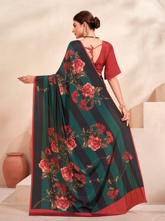 Jivora Women Crepe Soft Silk Striped And Floral Printed Saree with Unstitched Blouse.