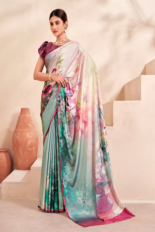 Jivora Women Crepe Soft Silk Striped And Floral Printed Saree with Unstitched Blouse.