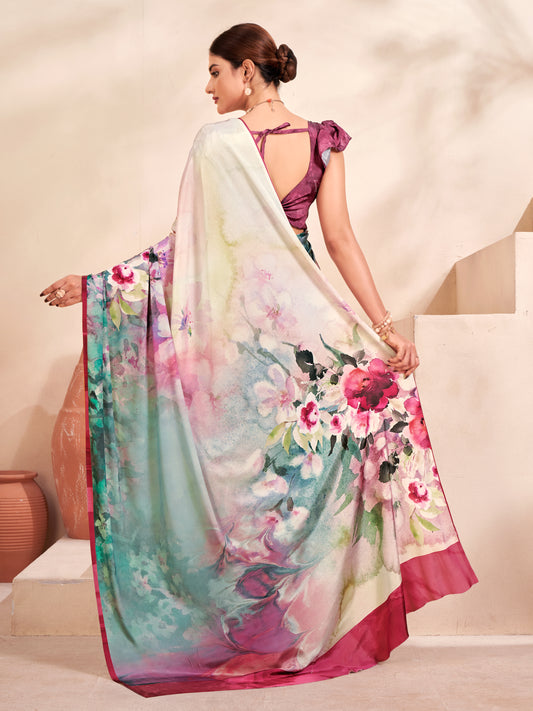 Jivora Women Crepe Soft Silk Striped And Floral Printed Saree with Unstitched Blouse.