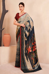 Jivora Women Crepe Soft Silk Striped And Floral Printed Saree with Unstitched Blouse.