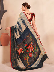 Jivora Women Crepe Soft Silk Striped And Floral Printed Saree with Unstitched Blouse.