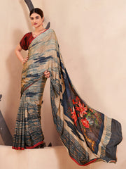 Jivora Women Crepe Soft Silk Striped And Floral Printed Saree with Unstitched Blouse.