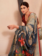 Jivora Women Crepe Soft Silk Striped And Floral Printed Saree with Unstitched Blouse.