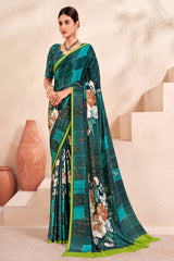 Jivora Women Crepe Soft Silk Striped And Floral Printed Saree with Unstitched Blouse.