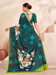 Jivora Women Crepe Soft Silk Striped And Floral Printed Saree with Unstitched Blouse.