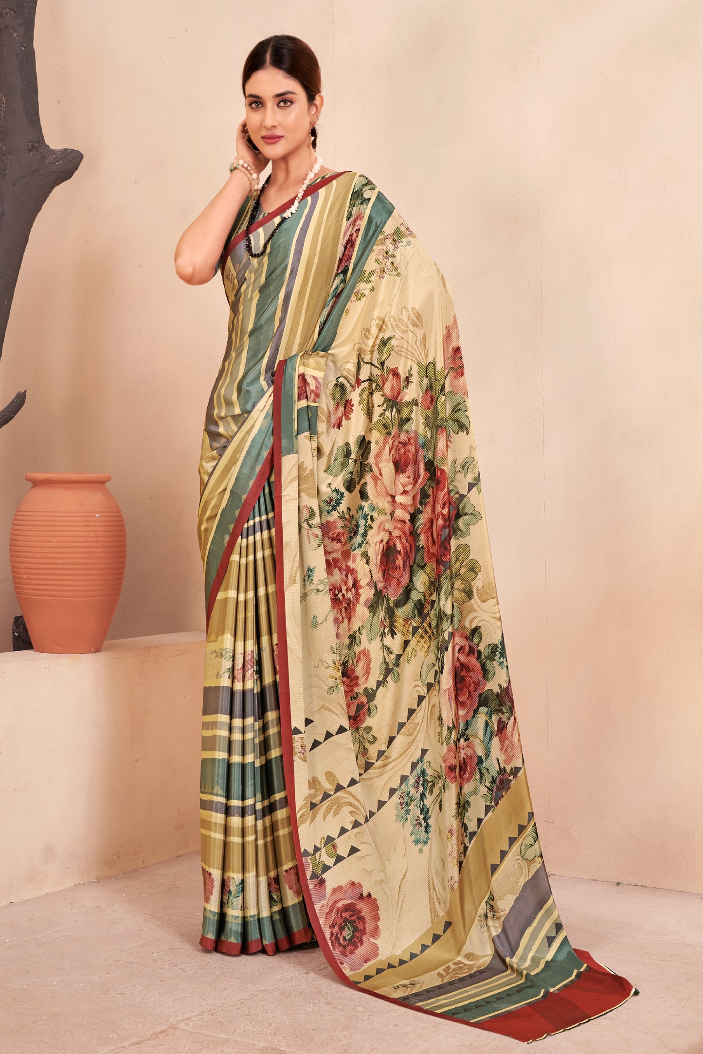 Jivora Women Crepe Soft Silk Striped And Floral Printed Saree with Unstitched Blouse.