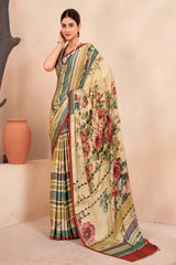 Jivora Women Crepe Soft Silk Striped And Floral Printed Saree with Unstitched Blouse.