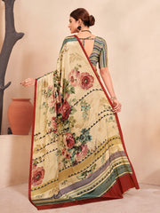 Jivora Women Crepe Soft Silk Striped And Floral Printed Saree with Unstitched Blouse.