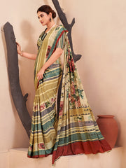 Jivora Women Crepe Soft Silk Striped And Floral Printed Saree with Unstitched Blouse.