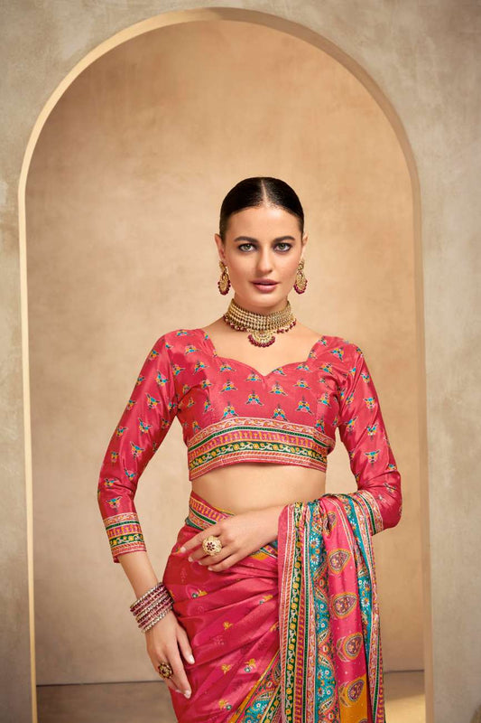 ROYALE – Vibrant Crepe Silk Saree with Rajwadi-Inspired Foil Position Print | Gujarati Royal Elegance