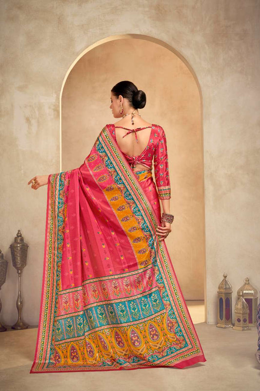 ROYALE – Vibrant Crepe Silk Saree with Rajwadi-Inspired Foil Position Print | Gujarati Royal Elegance