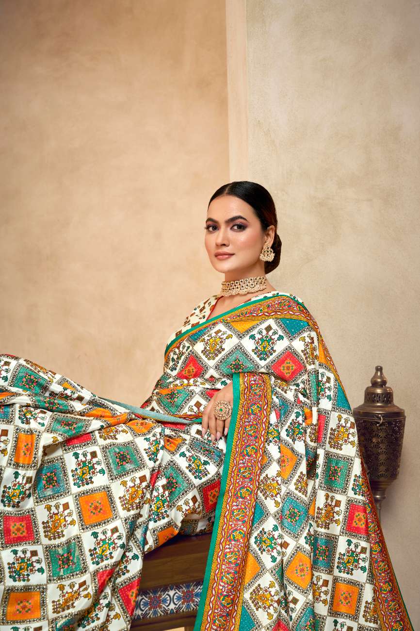 ROYALE – Vibrant Crepe Silk Saree with Rajwadi-Inspired Foil Position Print | Gujarati Royal Elegance