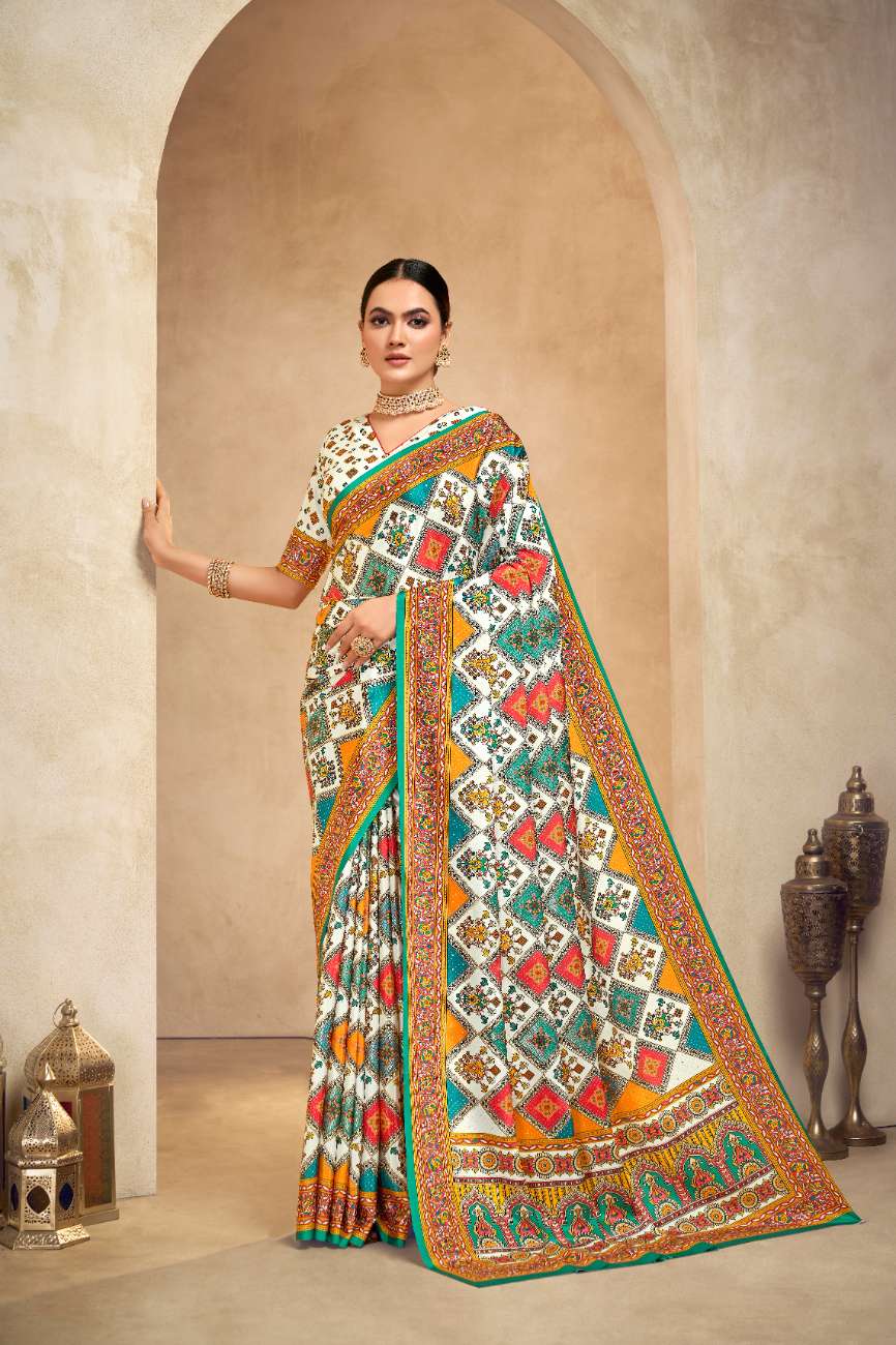 ROYALE – Vibrant Crepe Silk Saree with Rajwadi-Inspired Foil Position Print | Gujarati Royal Elegance