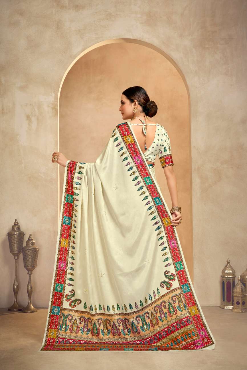 ROYALE – Vibrant Crepe Silk Saree with Rajwadi-Inspired Foil Position Print | Gujarati Royal Elegance
