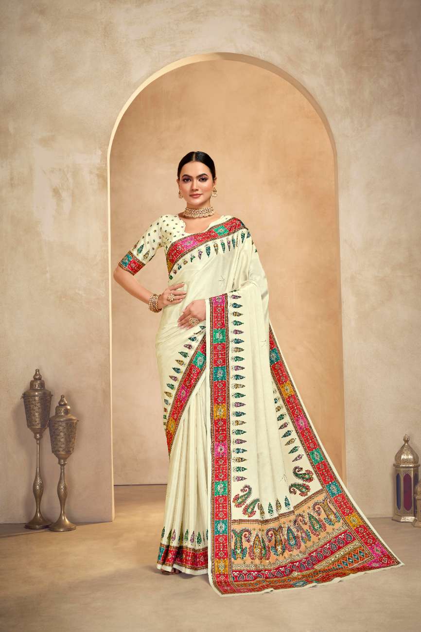 ROYALE – Vibrant Crepe Silk Saree with Rajwadi-Inspired Foil Position Print | Gujarati Royal Elegance